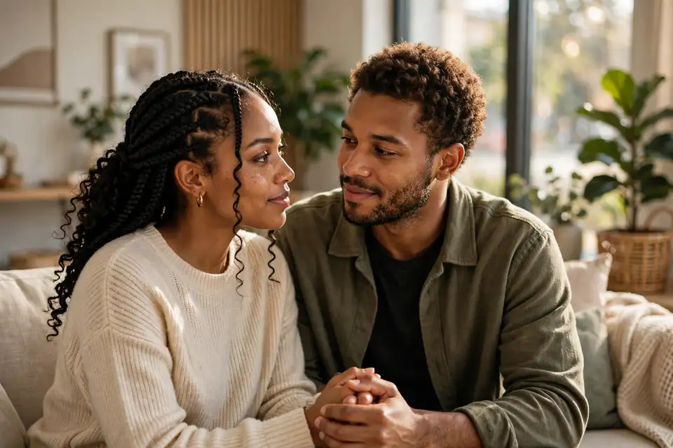 A couple sharing a warm, trusting conversation at home during couples therapy