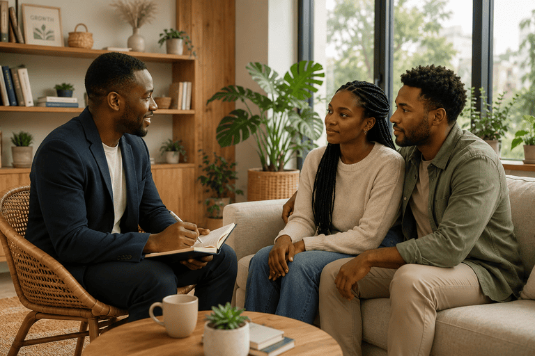 A warm, natural-light therapy consultation with a couple in Nairobi
