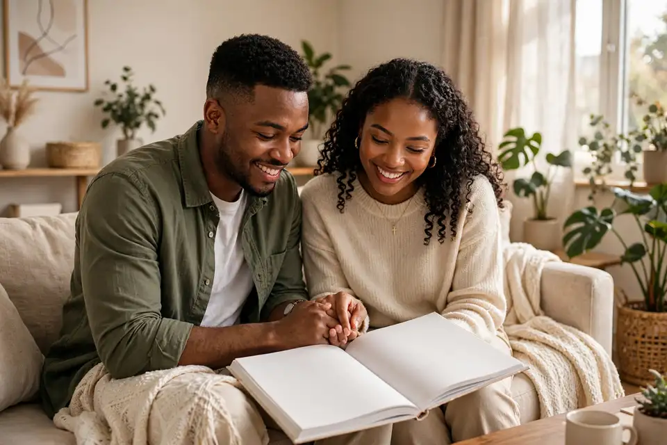 An engaged couple going through the Vows & Values workbook together